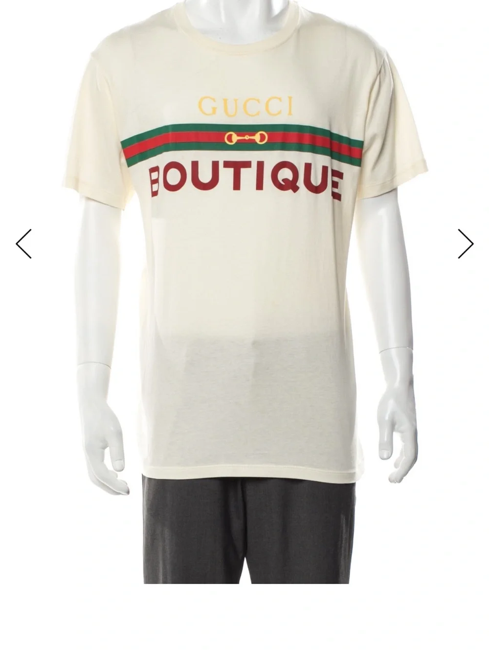 Gucci Cream Graphic 'Boutique' Logo T-Shirt with Green & Red Stripe